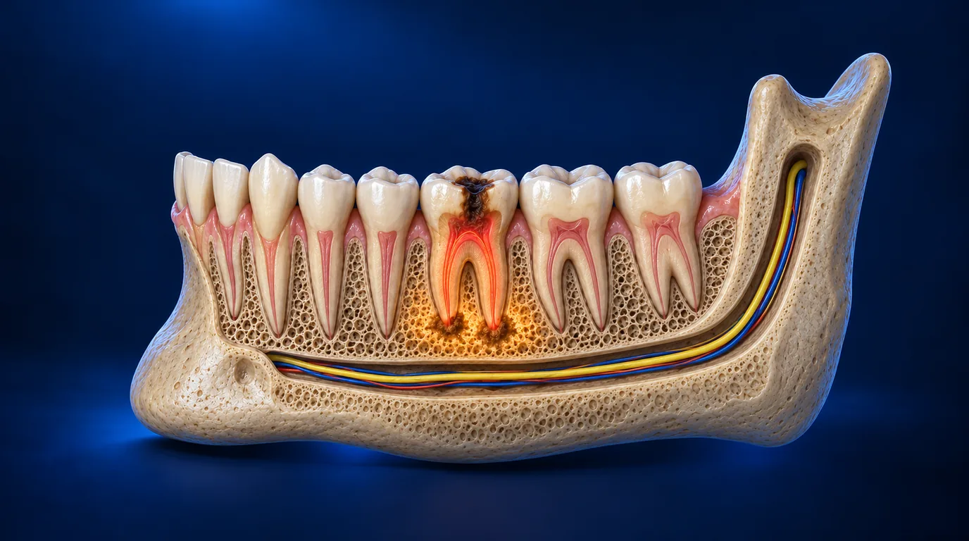 A lower jaw cut open on a dark blue background to show a row of teeth in bone. One molar has dark decay in its crown, a red pulp, and a dark, glowing area of infection in the bone around its root tips. A nerve runs through the bone below the teeth.