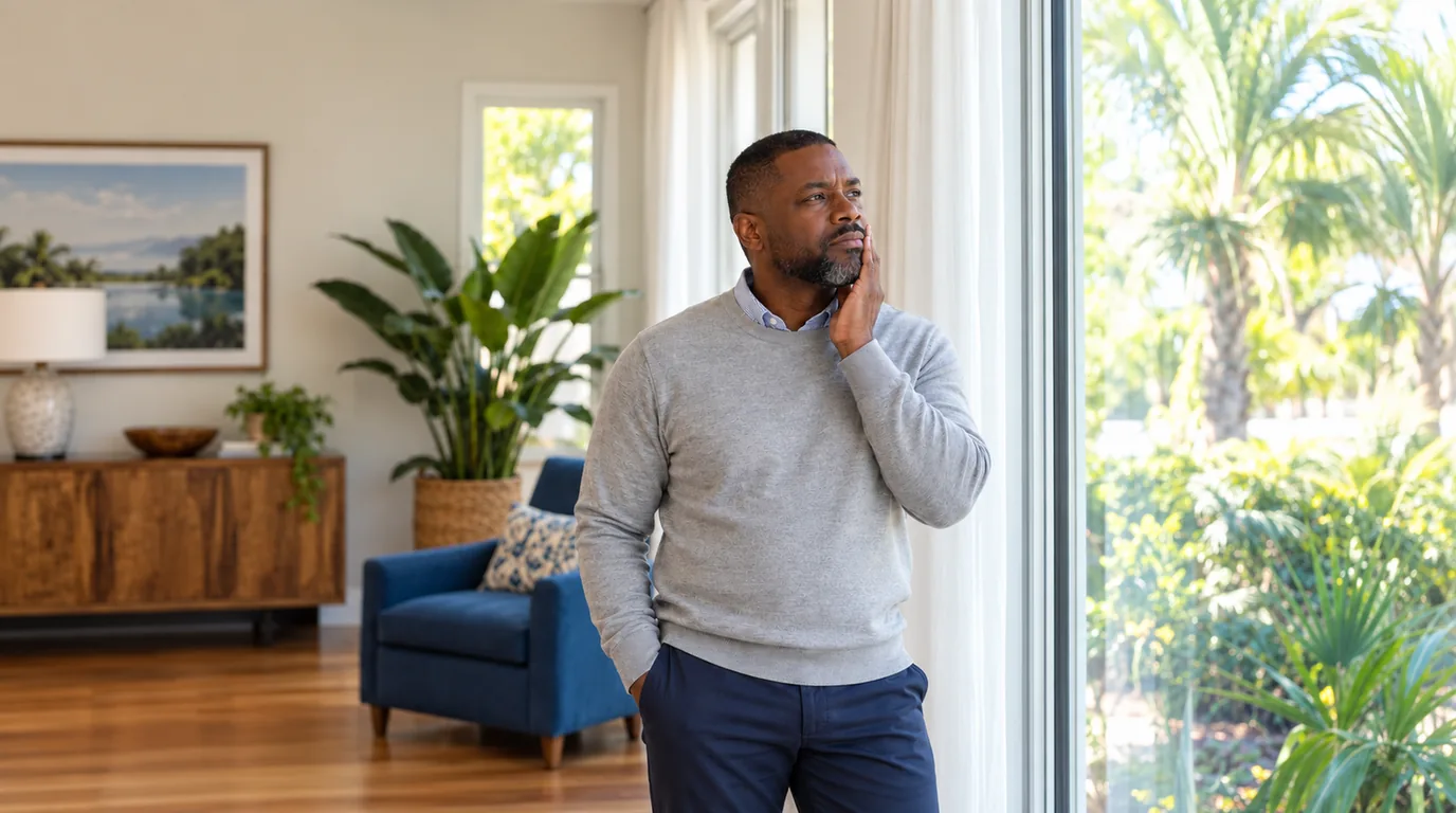 A man with a short beard in a gray sweater stands by a tall window in a sunny living room, one hand resting on his jaw, looking out with a tired, thoughtful face.