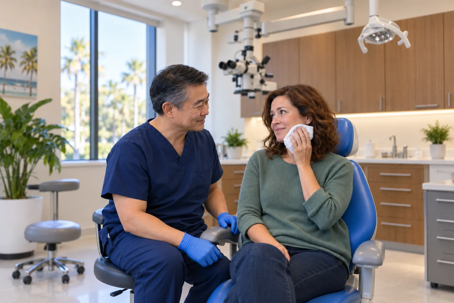 A woman in a green sweater sits in a blue dental chair holding a folded cloth to her cheek and smiles a little at an endodontist in navy scrubs and blue gloves who sits beside her and talks with her. A ceiling-mounted microscope hangs behind them in a bright room with wood cabinets and palm trees outside.
