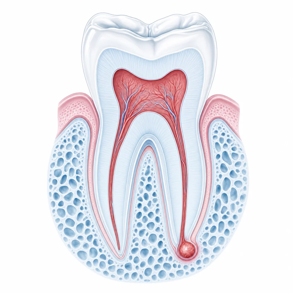 Cross-section illustration of a molar showing the enamel cap, the dentin layer beneath it, an inflamed pulp chamber at the center, two root canals running down the roots, and an abscess pocket at the tip of the right root.