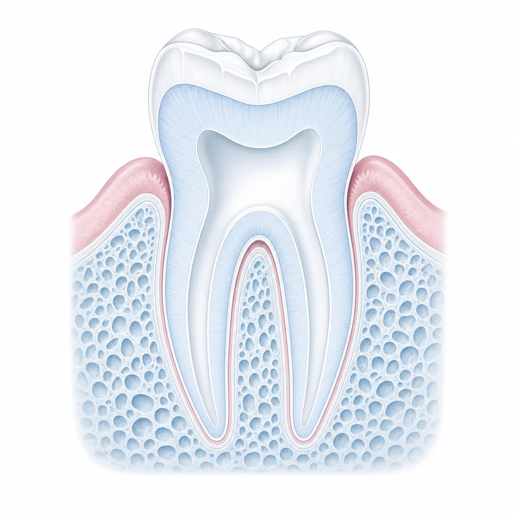 Cross-section illustration of the same tooth with the inflamed tissue removed and both root canals cleaned and emptied.
