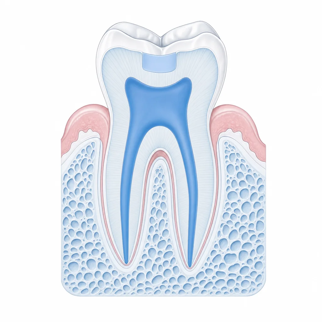 Cross-section illustration of the tooth with both canals filled with sealing material and a temporary filling closing the crown.