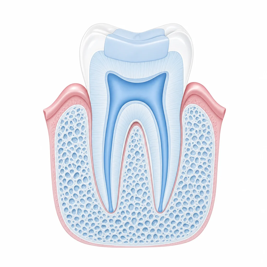 Cross-section illustration of the same tooth after healing, with healthy bone regrown around the root tip.