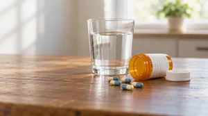 Medication bottle and water glass next to a dental X-ray, representing the limits of antibiotics for tooth infections