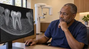 Endodontist reviewing a 3D CBCT scan on a high-resolution screen during diagnosis
