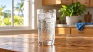 Chilled glass of ice water with condensation, representing the trigger for cold-sensitive tooth pain