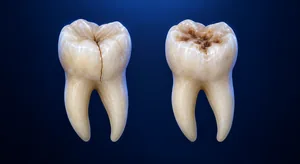 Side-by-side 3D comparison of a cracked or chipped tooth and a tooth with a cavity