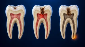 3D illustration showing three progressive stages of tooth damage from delayed root canal treatment