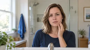 Man examining his jaw in a bathroom mirror, checking for signs of a dental abscess