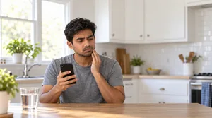 Person at a kitchen table in the evening deciding whether their tooth pain is a dental emergency