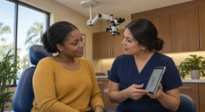 Patient and endodontist reviewing a tooth diagram during an early consultation that helps prevent tooth loss