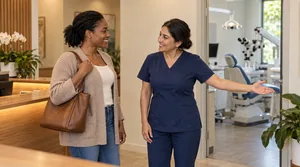 Warm welcome at a modern dental office reception during a same-day emergency root canal visit