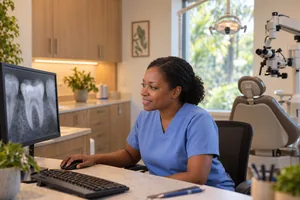 Endodontist specialist reviewing X-rays in a modern clinical setting