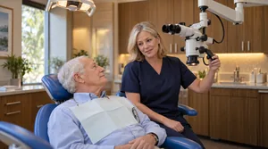 Split image comparing an endodontist in a specialized treatment room with a general dentist in a routine operatory