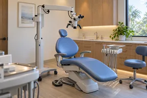 Modern endodontic treatment room with advanced dental microscope technology