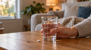 Hand holding a glass of water with an over-the-counter pain reliever during root canal recovery