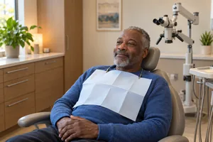 Patient smiling comfortably during a modern root canal procedure