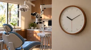 Analog wall clock in a modern endodontic treatment room illustrating typical root canal procedure duration