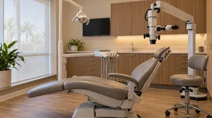 Modern endodontic treatment room prepared for a root canal procedure with surgical microscope and comfortable chair