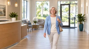Patient calmly walking out of a dental office after a safe, successful root canal procedure