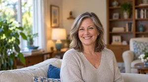 Warm close-up portrait of a person smiling confidently after a successful root canal saved their natural tooth