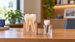 Comparison image showing a saved tooth next to an empty gap, illustrating the choice between root canal and extraction
