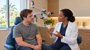 Patient in consultation with an endodontist discussing tooth pain and symptoms of needing a root canal