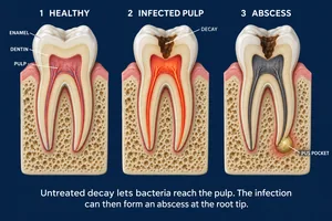 Diagram showing the anatomy and symptoms of a tooth infection and dental abscess