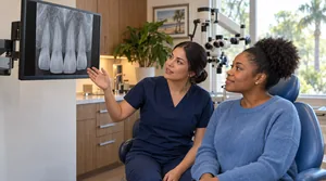 Endodontist carefully examining a dental X-ray to assess trauma damage and the need for a root canal