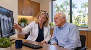 Endodontist carefully reviewing a dental X-ray showing a tooth infection requiring treatment