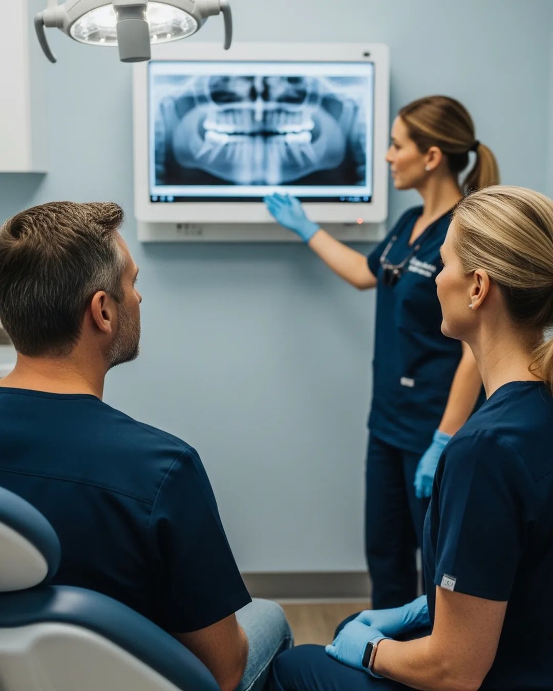 MFE specialist reviewing a CBCT scan with a patient before retreatment