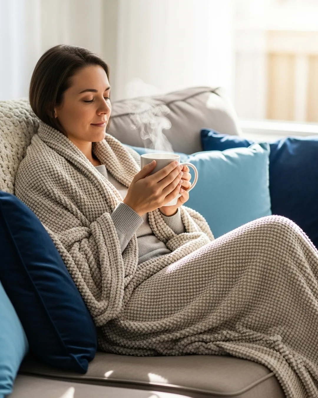 Patient resting comfortably at home with warm tea after a root canal