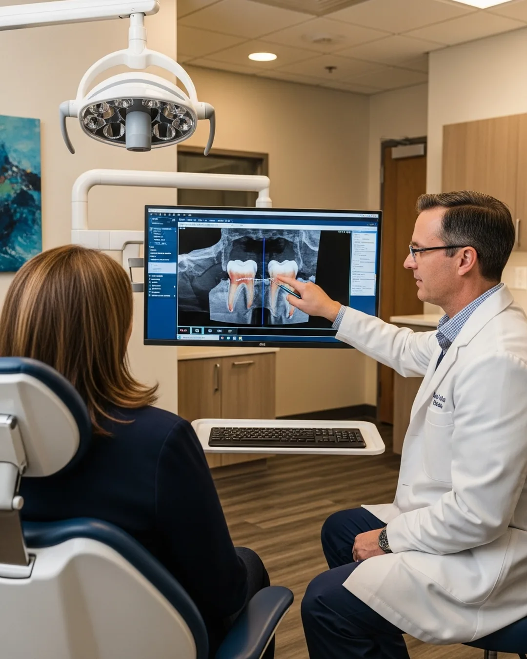 MFE specialist explaining a tooth scan to a calm patient in the operatory