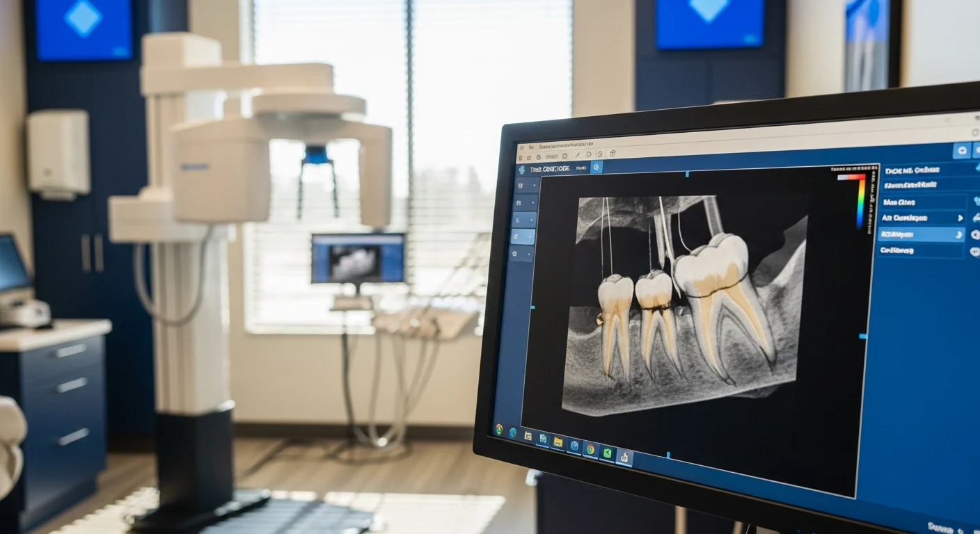 3D CBCT reconstruction of a molar on a clinical workstation, with a standing CBCT scanner in the background