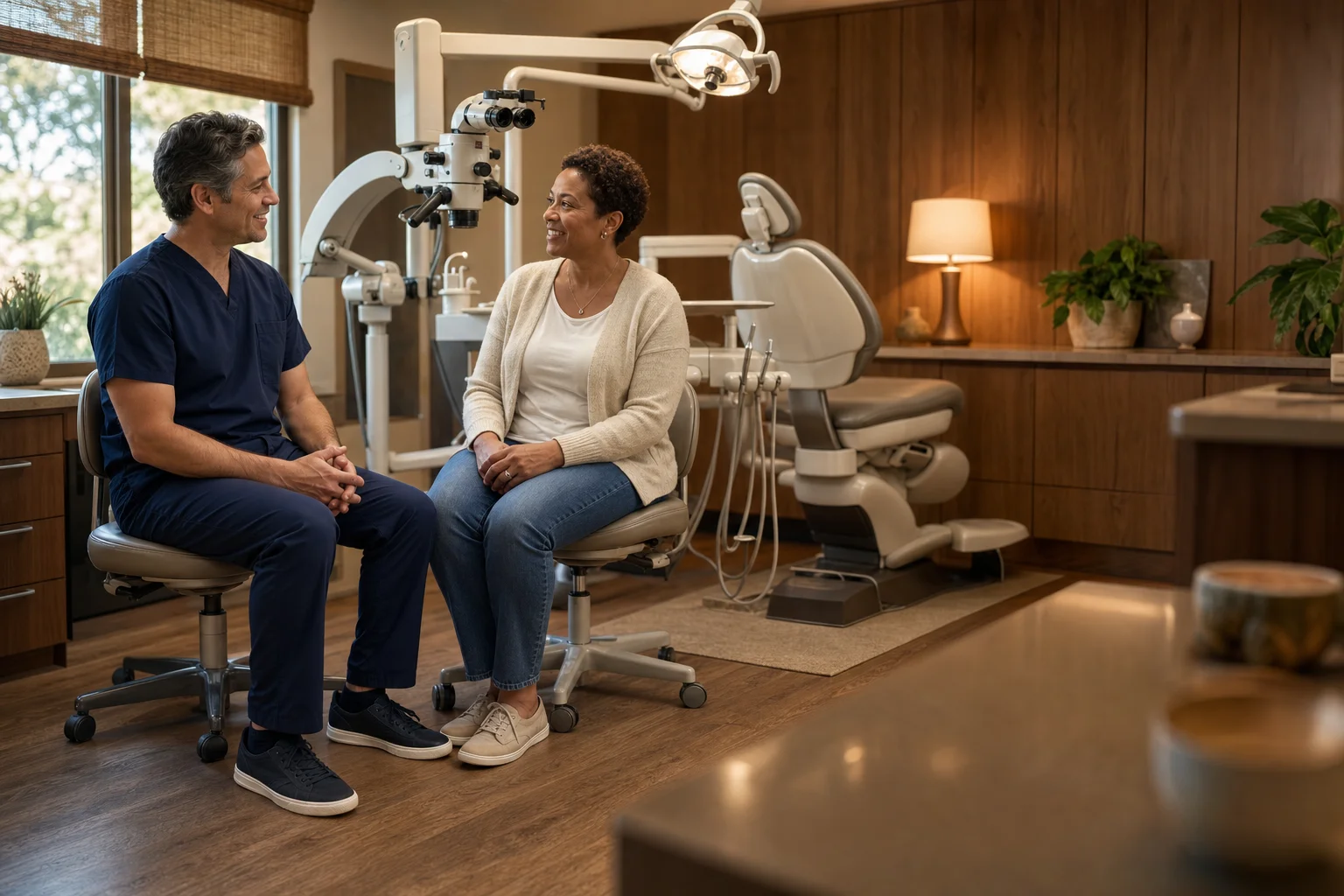 An endodontic specialist and a seated patient talking in a bright treatment room about what to eat while the tooth heals