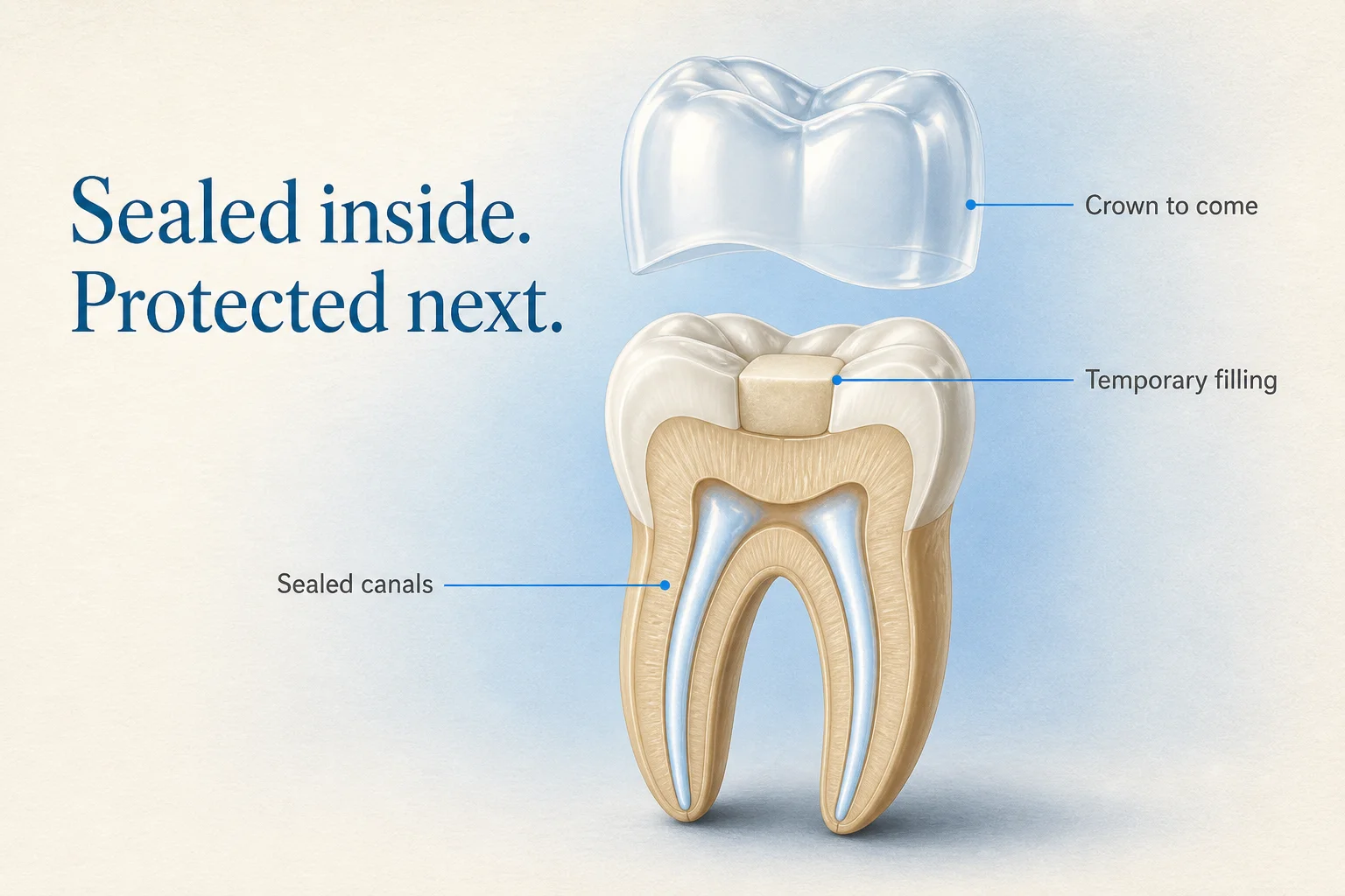 Cross-section of a lower molar after root canal therapy showing the sealed canals, the temporary filling over the access opening, and the outline of the permanent crown to come