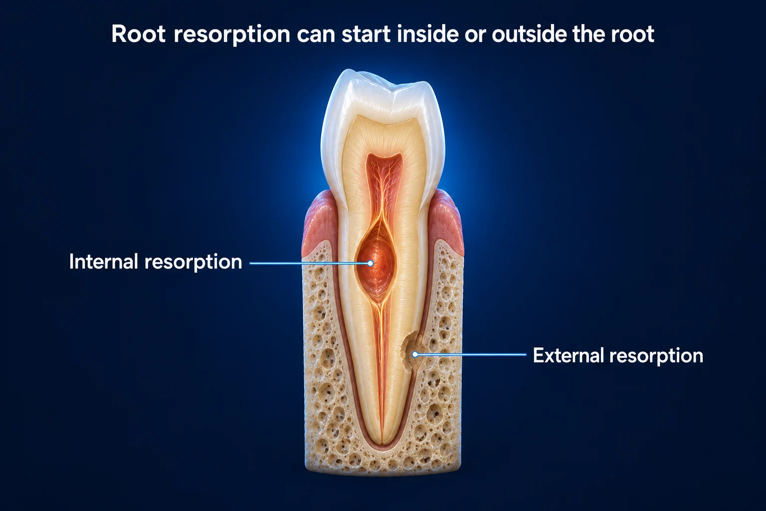 A single-rooted tooth cut in half and set in bone on a dark blue background. Inside the root, the canal swells into a rounded pocket labeled Internal resorption. Lower down, a small dent eats into the outside of the root, labeled External resorption.