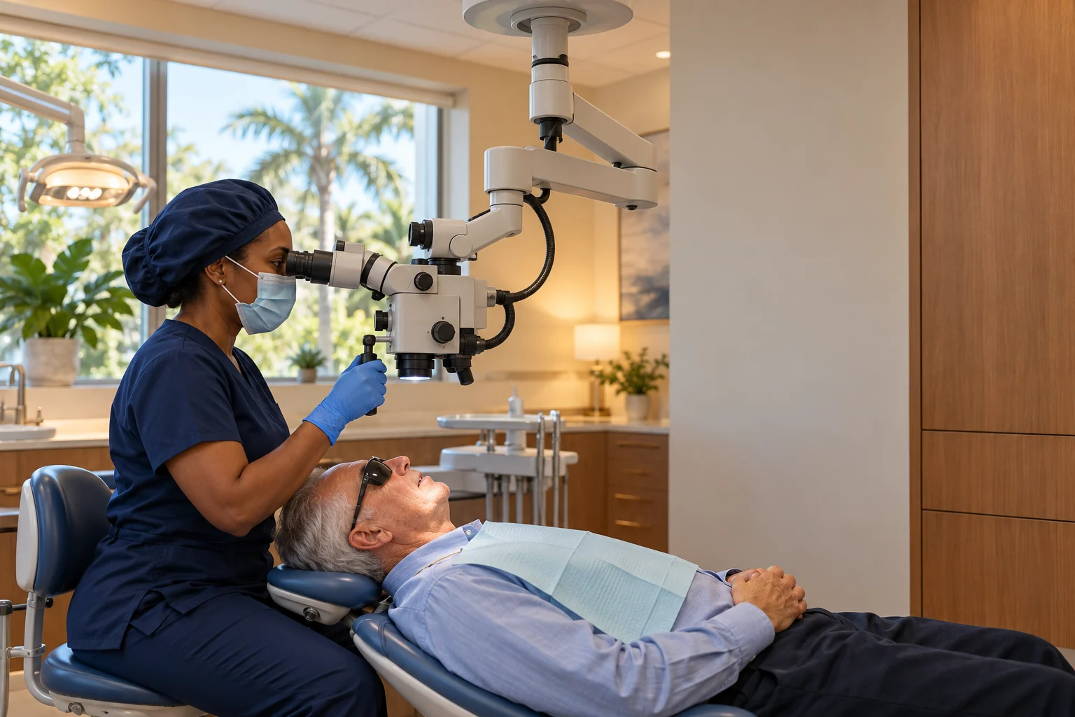An endodontist in navy scrubs, a surgical cap, mask and blue gloves sits behind a reclined patient and looks into a ceiling-mounted microscope aimed at the patient's mouth, in a warm room with wood cabinets and plants.