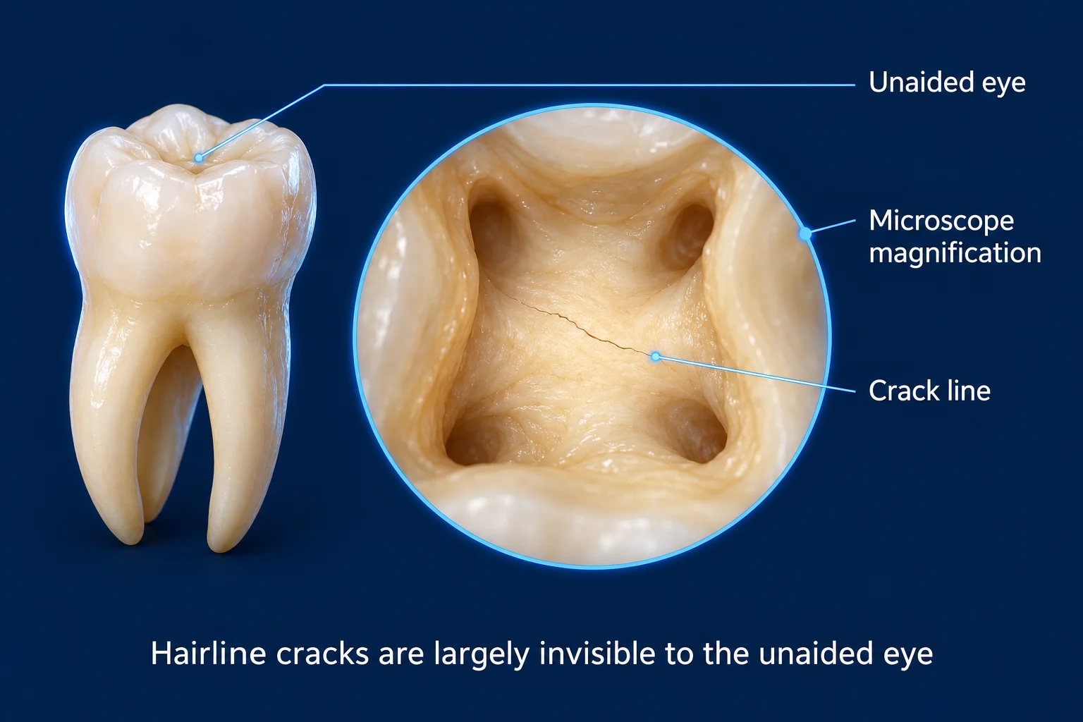 On a dark blue background, a whole molar on the left looks smooth and unbroken. A large circle beside it shows a close-up of the opened tooth's floor in warm light, where a thin dark crack line runs between the canal openings. Labels read Unaided eye, Microscope magnification, and Crack line, with the caption Hairline cracks are largely invisible to the unaided eye.