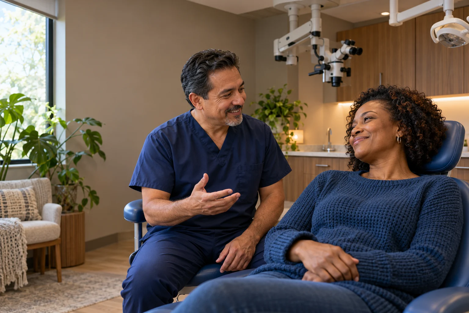 A smiling woman in a blue sweater sits back in a dental chair while an endodontist in navy scrubs talks with her. A ceiling-mounted microscope hangs above them in a warm room with wood cabinets and plants.