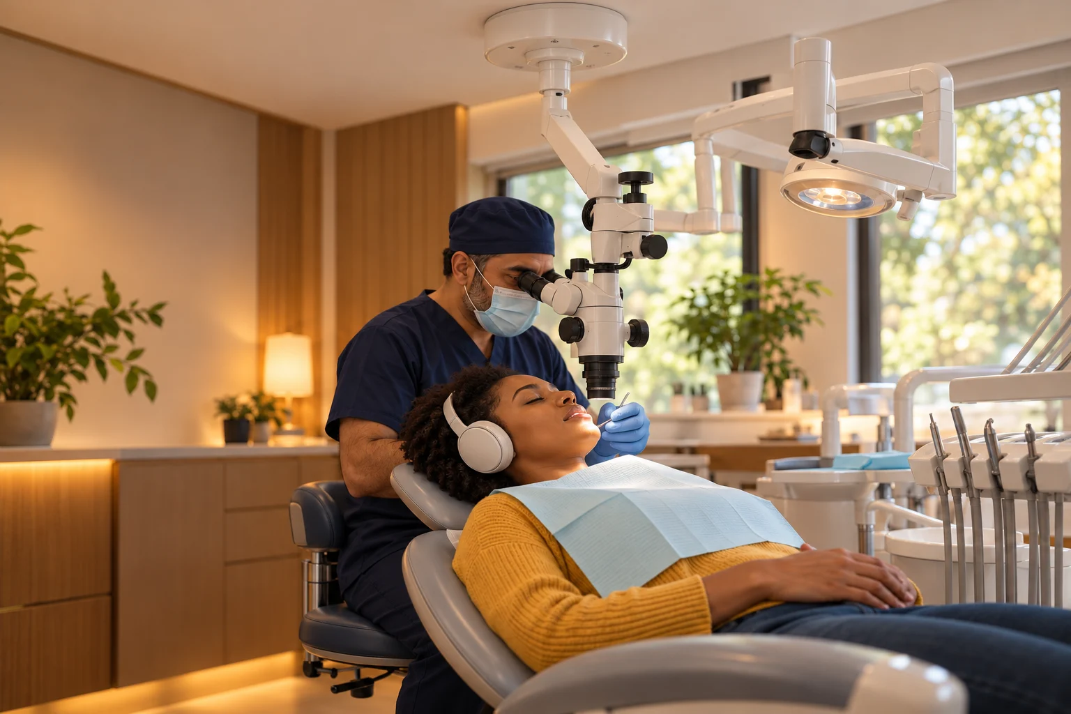 A young woman in a mustard sweater rests in a dental chair with her eyes closed and white headphones on. An endodontist in a navy cap, mask and blue gloves sits behind her head, looking into a ceiling-mounted microscope over her mouth, in a warm room with wood cabinets and plants.