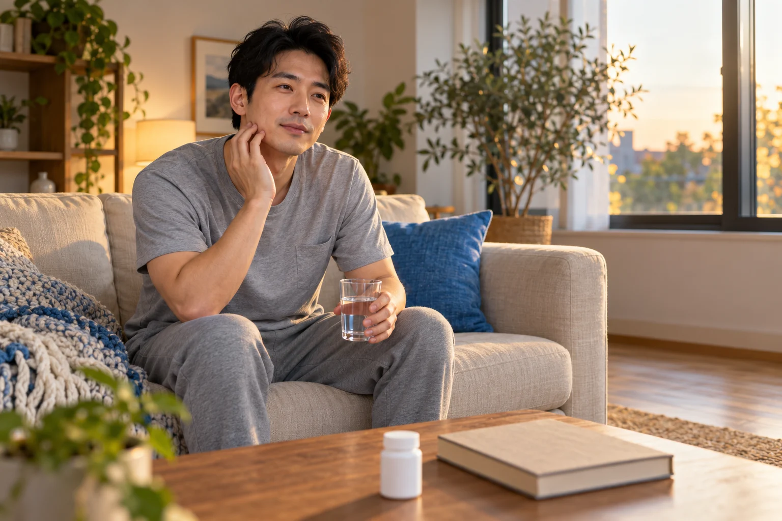 A man in a grey t-shirt rests on a sofa at home in warm evening light, one hand resting lightly on his cheek and a glass of water in the other. A small white bottle and a book sit on the coffee table.