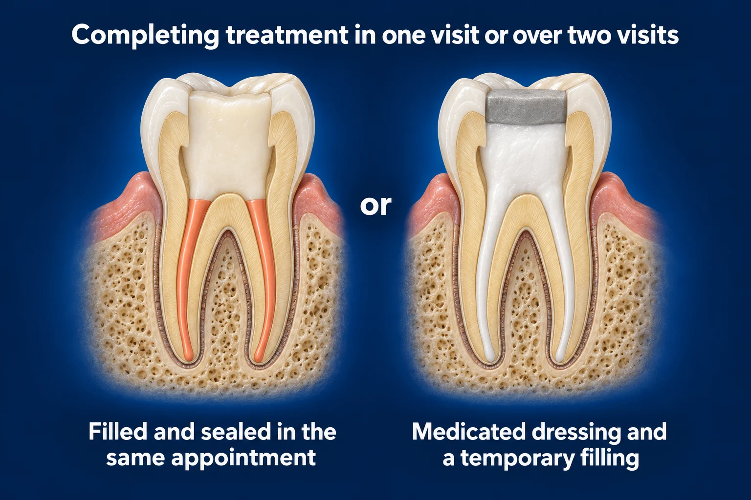 Two molars cut in half on a dark blue background under the title Completing treatment in one visit or over two visits. In the left tooth, pink-orange filling runs only down the root canals, with a tooth-colored filling above it in the crown. In the right tooth, a white paste fills the canals and the space above, under a gray temporary filling. The word or sits between them.