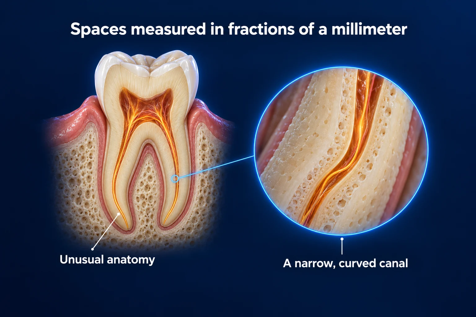 A molar cut in half on a dark blue background under the title Spaces measured in fractions of a millimeter. Thin glowing canals run down two curved roots, labeled Unusual anatomy, and a round close-up shows one narrow, curved canal.