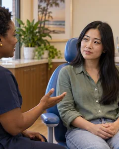 An endodontist in blue scrubs talks with a calm woman in a dental chair. A dental microscope stands behind them.