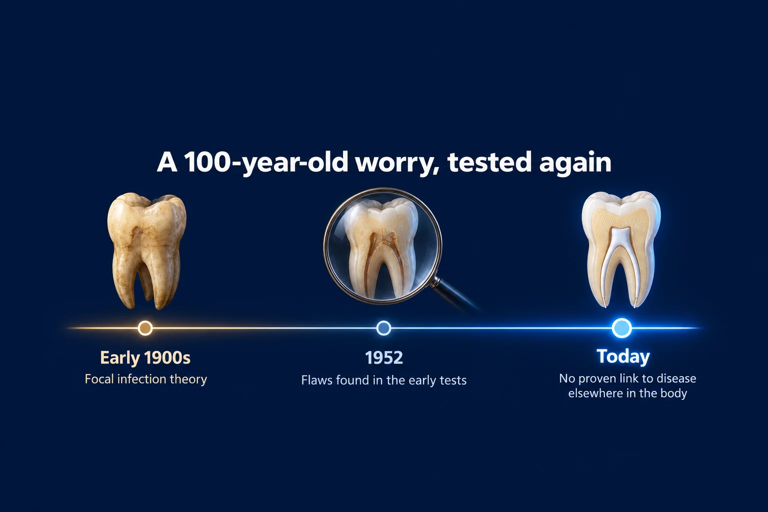 Timeline of a 100-year-old worry about root canals: the focal infection theory in the early 1900s, flaws found in the early tests in 1952, and no proven link to disease elsewhere in the body today.