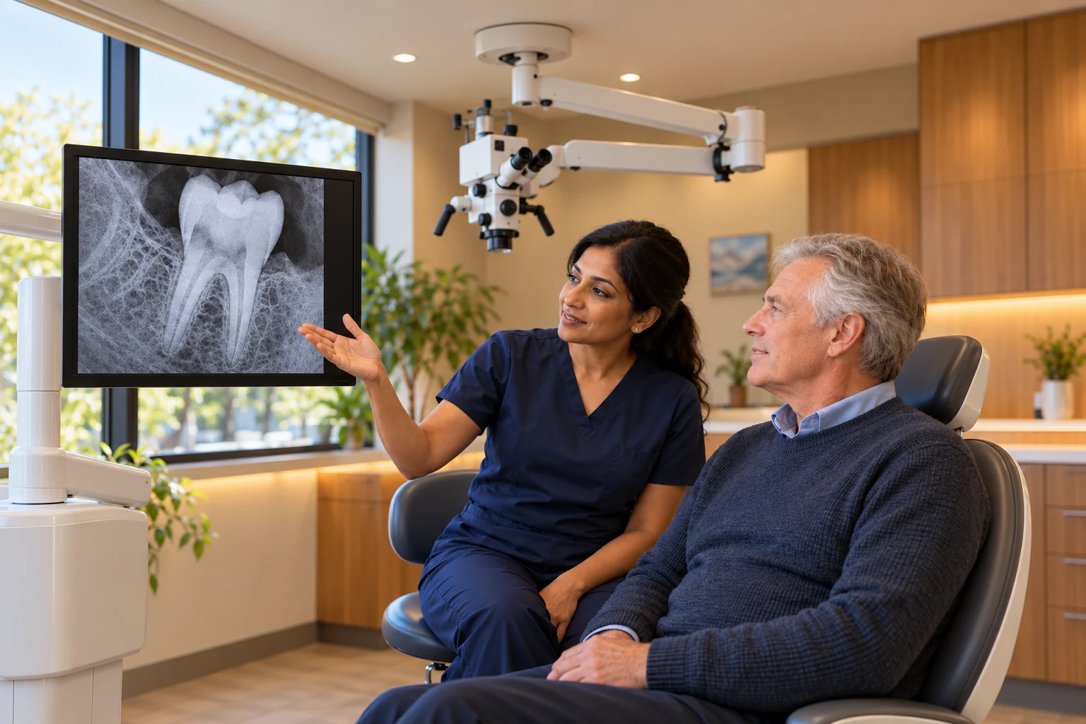 An endodontist points to a dental X-ray on the chairside monitor while a patient in the treatment chair looks on, with a ceiling-mounted operating microscope behind them.