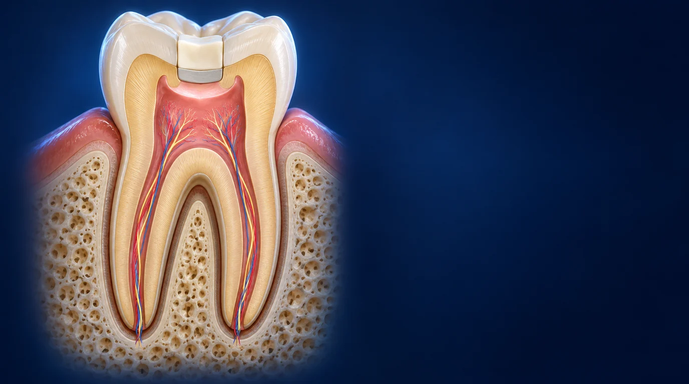 A molar cut in half on a dark blue background. A small seal sits over the healthy pulp, under a filling, as in a pulp cap.