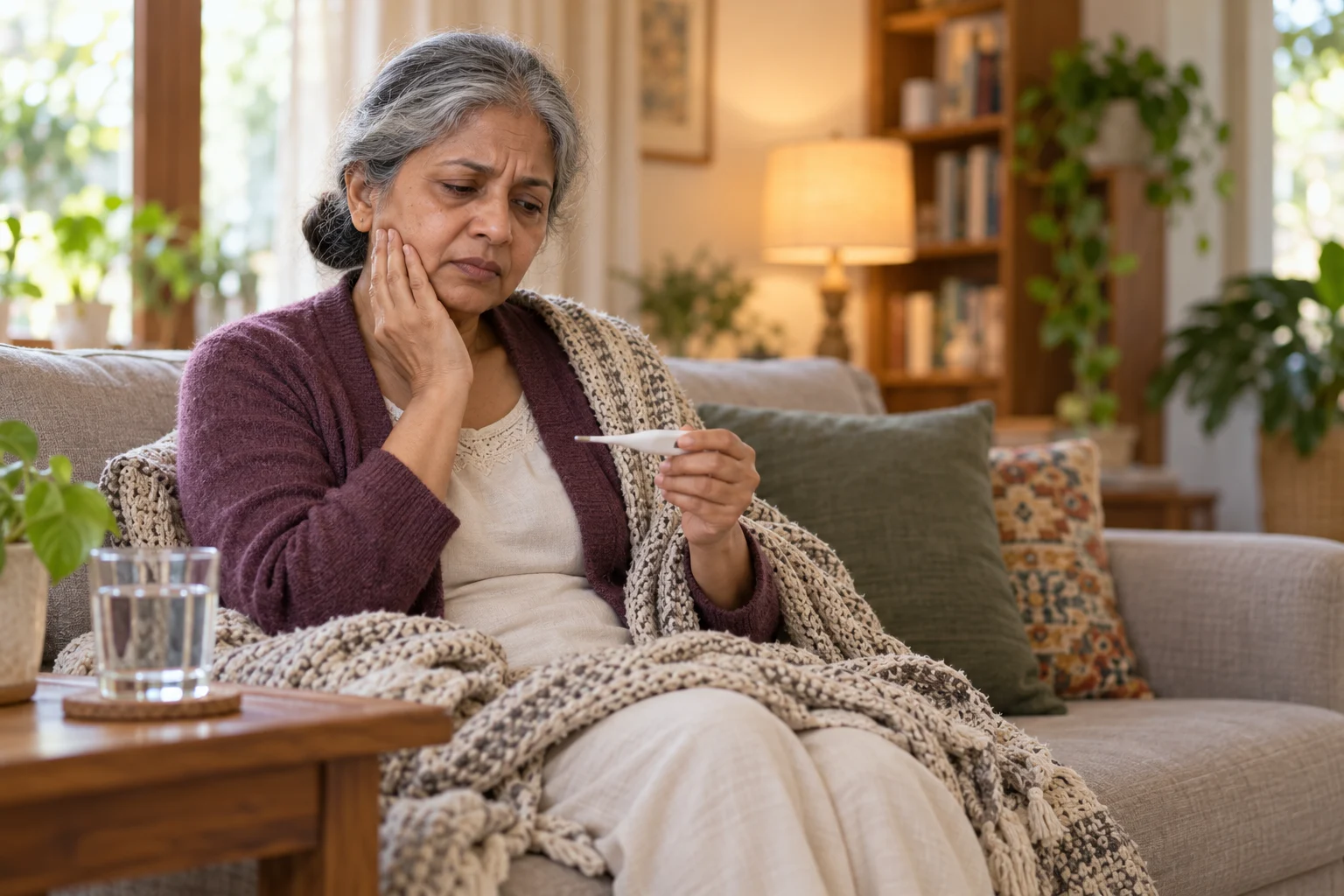 A gray-haired woman in a plum cardigan sits on a sofa under a knit throw, one hand on her cheek, frowning at a thermometer in her other hand. A glass of water sits on the wooden table beside her in a warm living room.