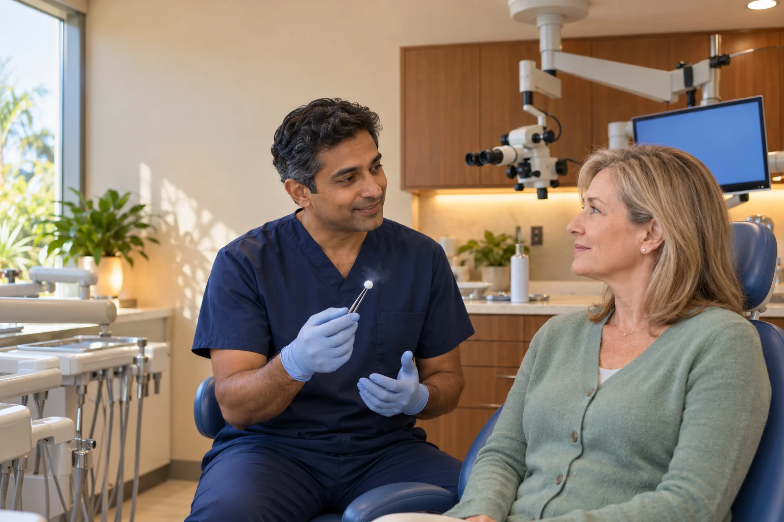 An endodontist in navy scrubs and blue gloves holds up a small cotton pellet in tweezers while explaining it to a woman in a green cardigan seated in a dental chair. A ceiling-mounted microscope and a monitor sit behind them in a warm room.
